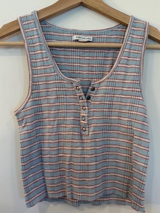 American Eagle Outfitters Tops - American Eagle Outfitters Light Blue & Rust Plaid Ribbed Henley Tank Top